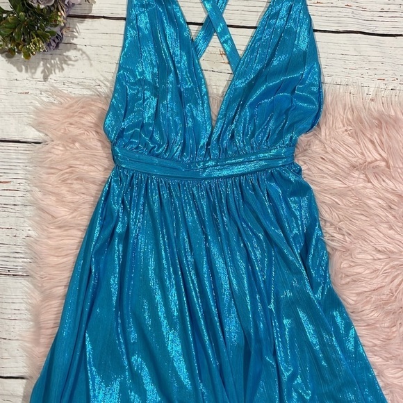 NWT RETROFETE Tova Shimmer Halter Dress in Aqua Blue - Picture 8 of 11